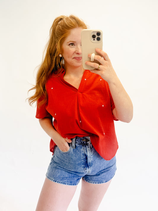 Lucky Stars Embroidered Blouse Red/White