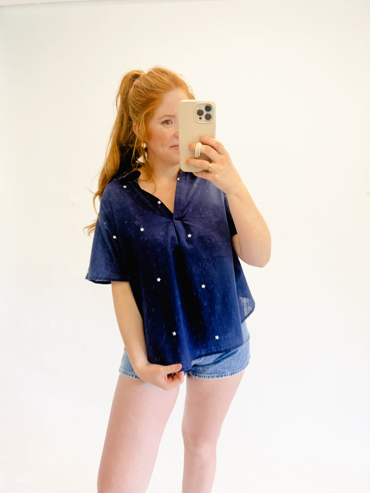 Lucky Stars Embroidered Blouse Navy/White