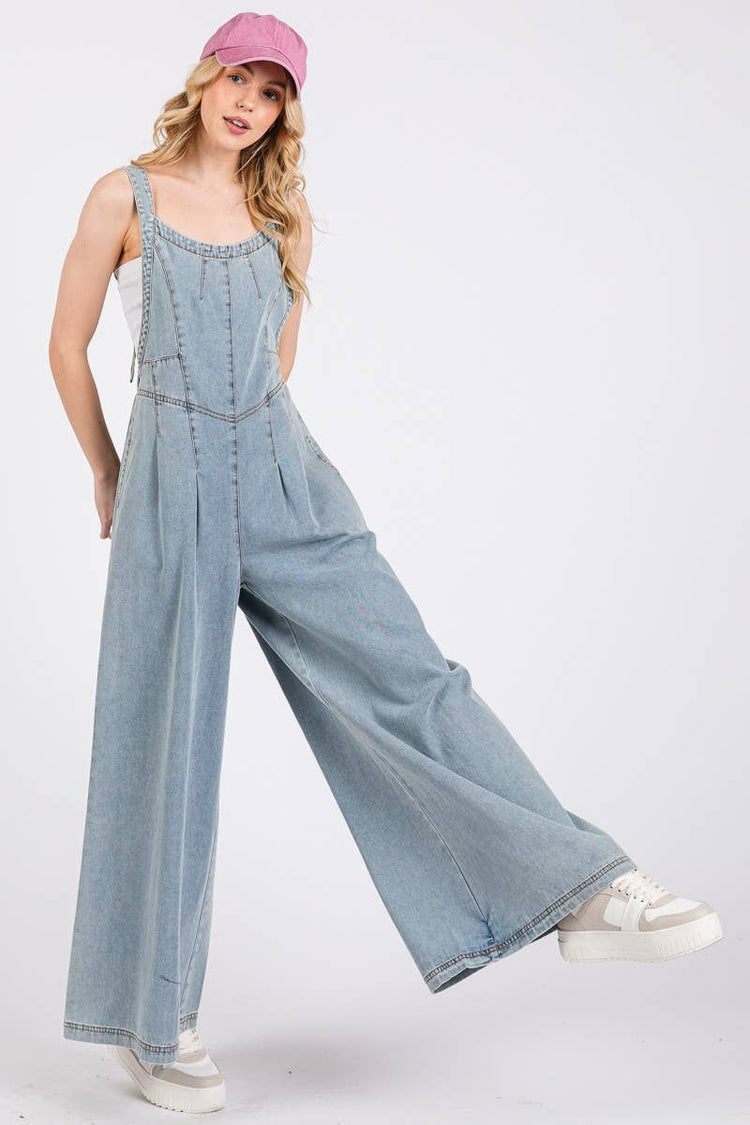 Wide Leg Denim Overall Jumpsuit