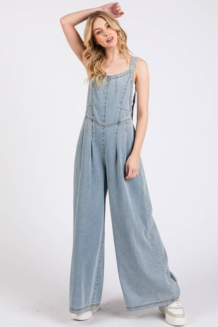 Wide Leg Denim Overall Jumpsuit