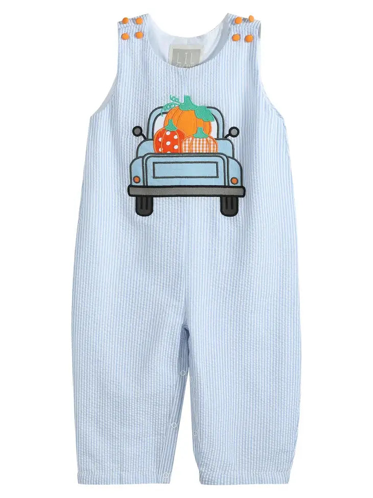 Blue Seersucker Pumpkin Truck Overalls