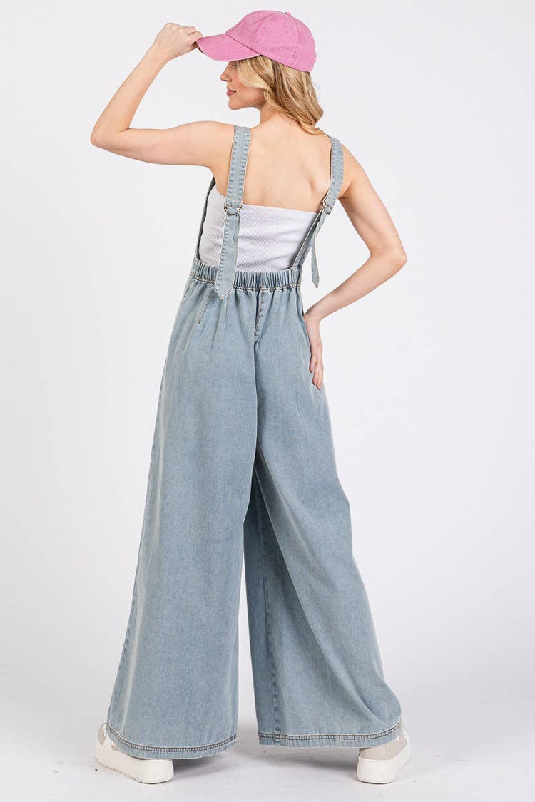 Wide Leg Denim Overall Jumpsuit