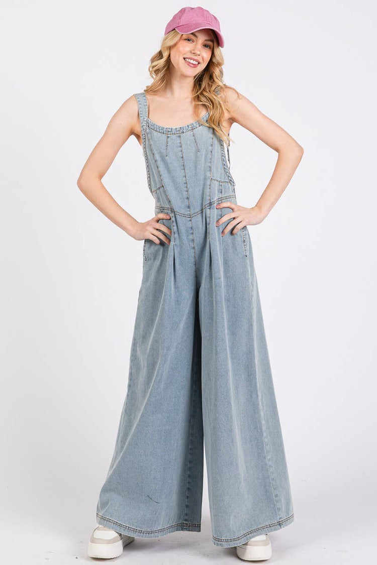 Wide Leg Denim Overall Jumpsuit