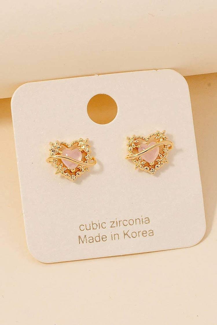 Intricate Metallic Set Halo Cz Heart Stud Earrings