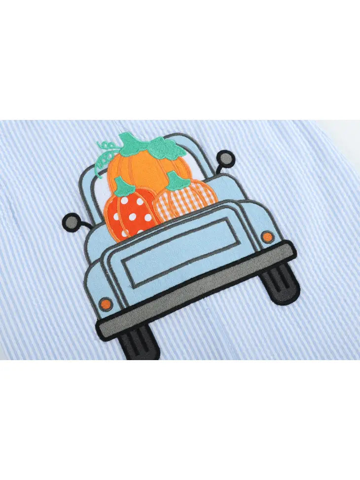 Blue Seersucker Pumpkin Truck Overalls