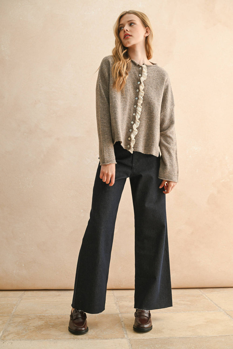 Button Front Lace Trim Knitted Cardigan