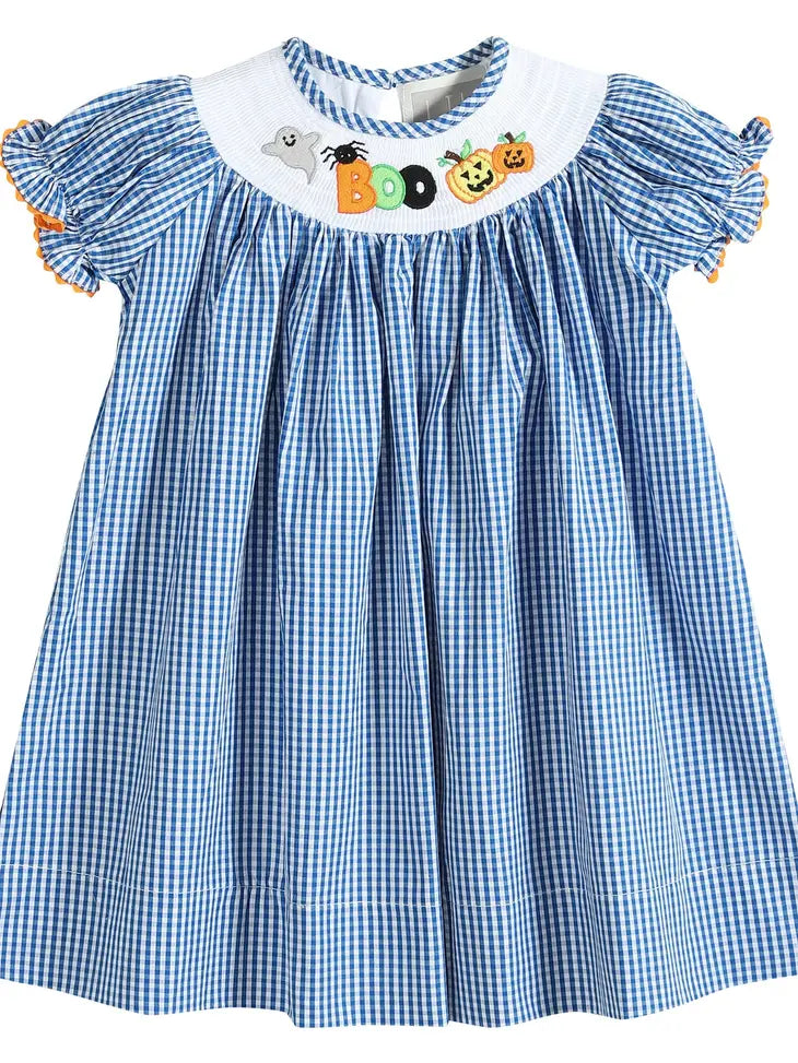 Blue Gingham Halloween Boo Smocked Bishop Dress