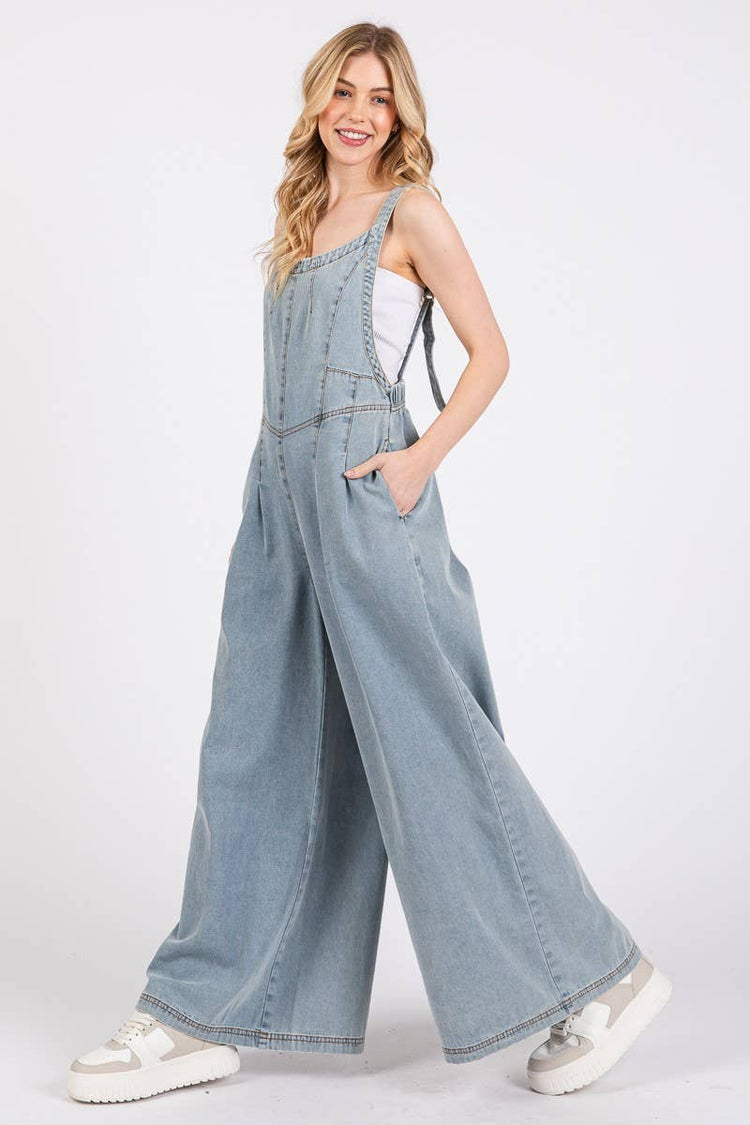 Wide Leg Denim Overall Jumpsuit