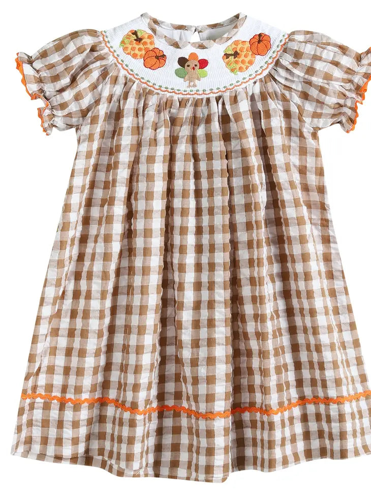 Light Brown Gingham Pumpkin Turkey Smocked Bishop Dress