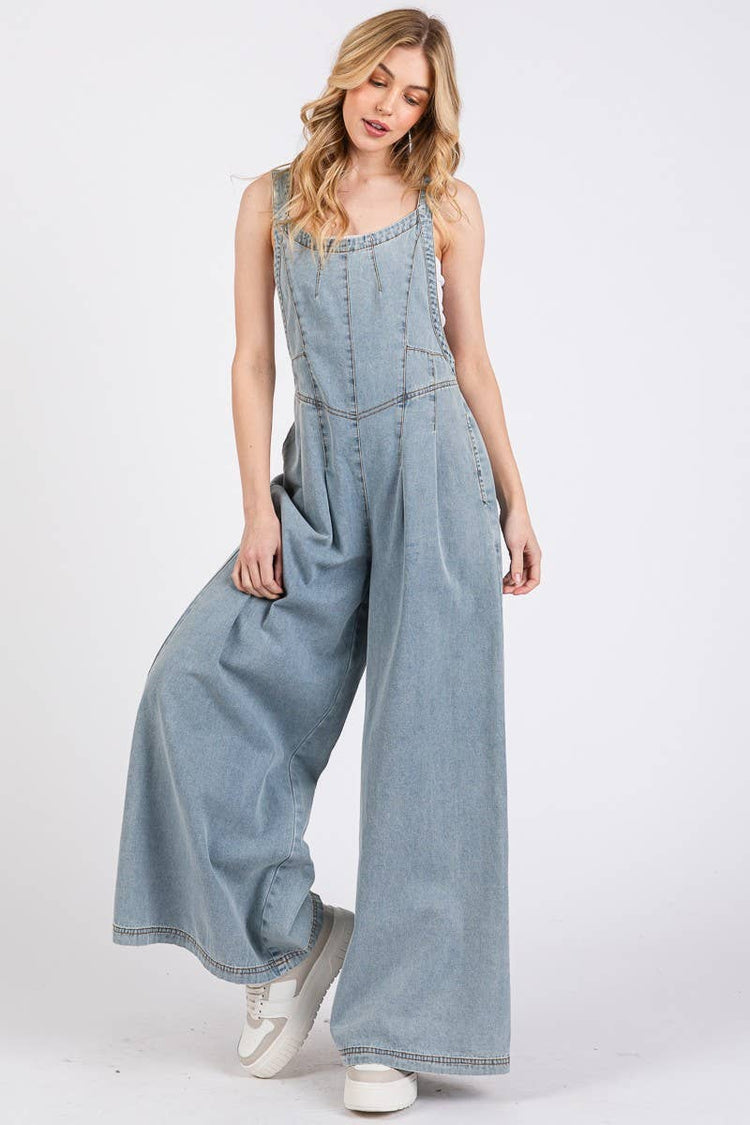 Wide Leg Denim Overall Jumpsuit