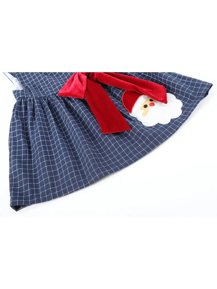 Blue Tweed Plaid Santa Dress with Big Bow