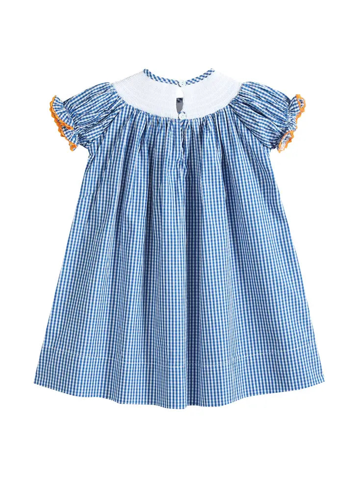 Blue Gingham Halloween Boo Smocked Bishop Dress
