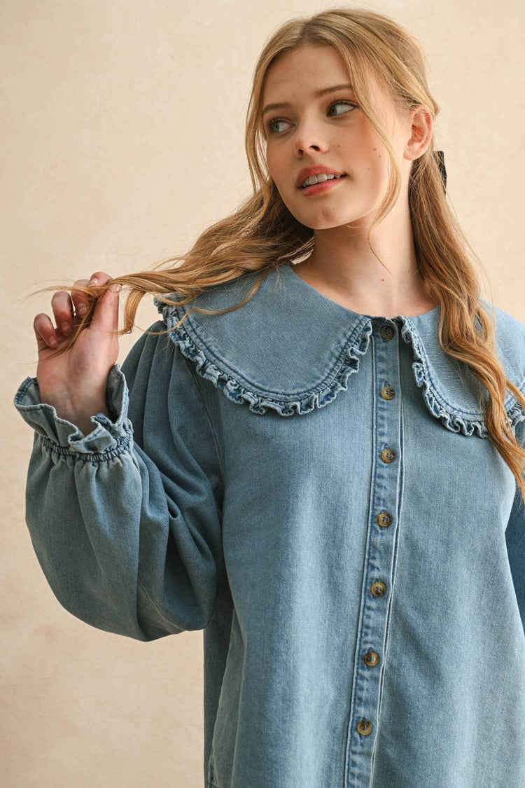 Ruffled Trim Collar Denim Shirt