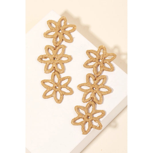 Raffia Wrap Flower Chain Dangle Earrings Brown