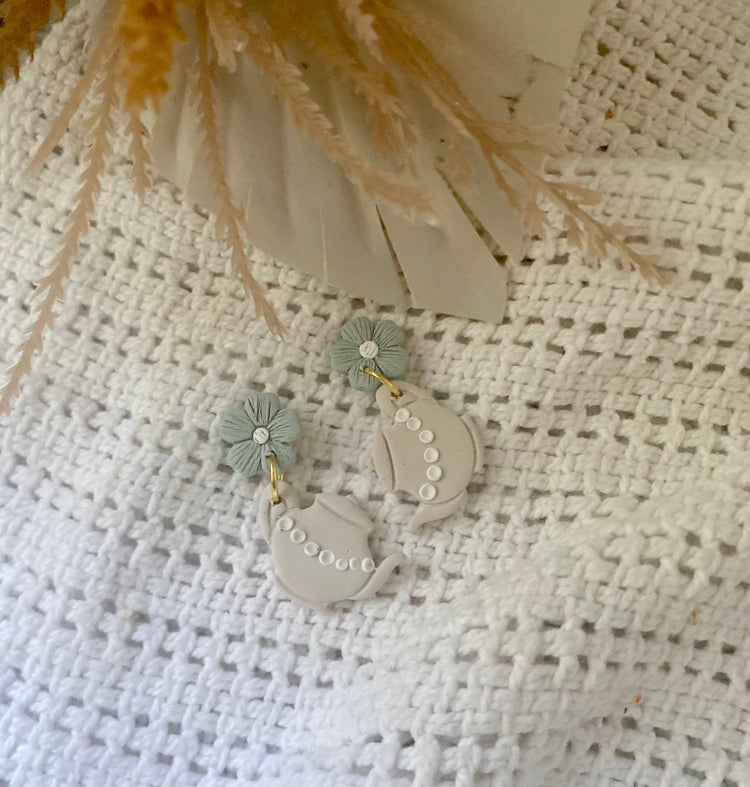Blue Dainty Flower Teapot Earrings 