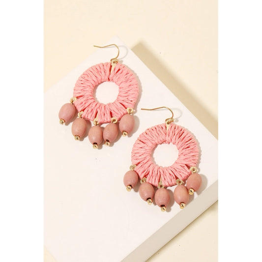 Wooden Bead Fringe Paper Hoop Drop Earrings Pink