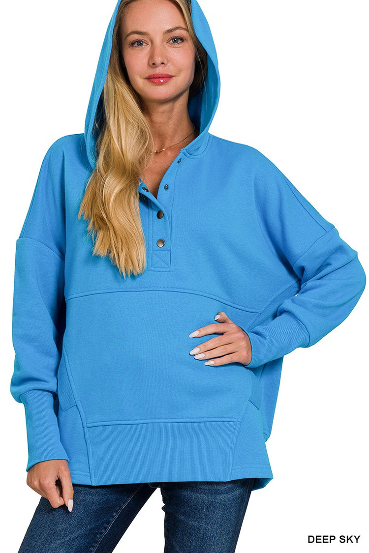 Half Button Hooded Pullover/Blue