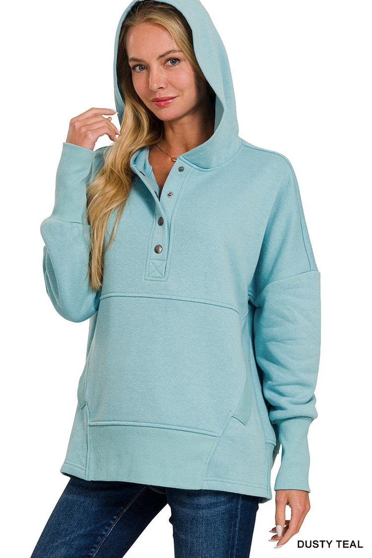 Half Button Hooded Pullover/Teal