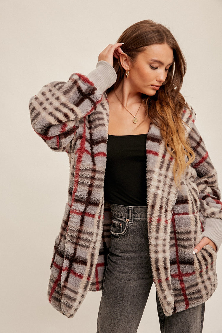 Checked Fur Oversized Hoodie Jacket/Grey