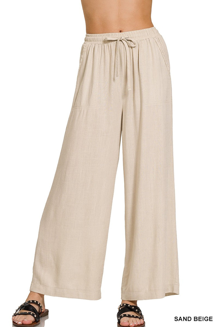 Beige Linen Wide-leg Pants