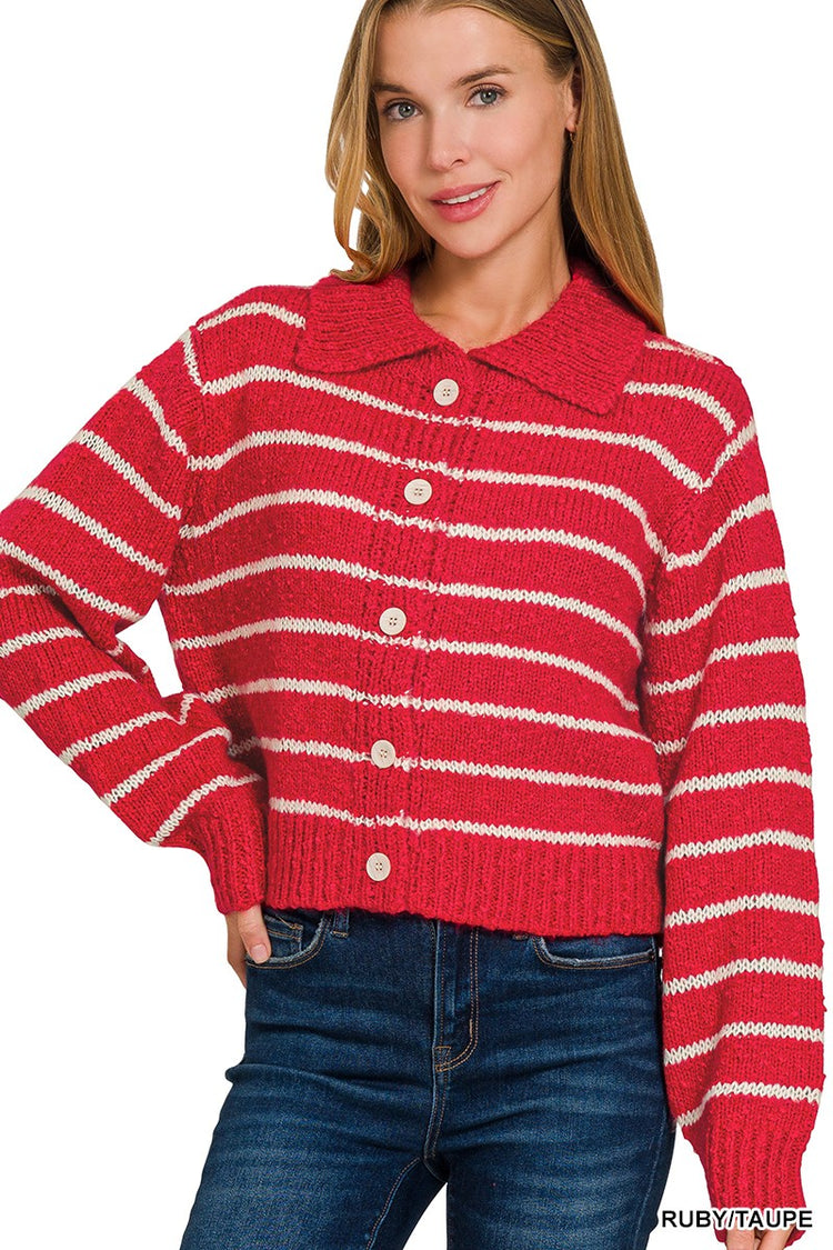 Collared Striped Red Cardigan