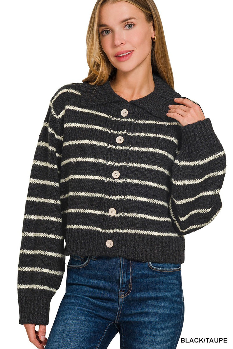 Collared Striped Black Cardigan