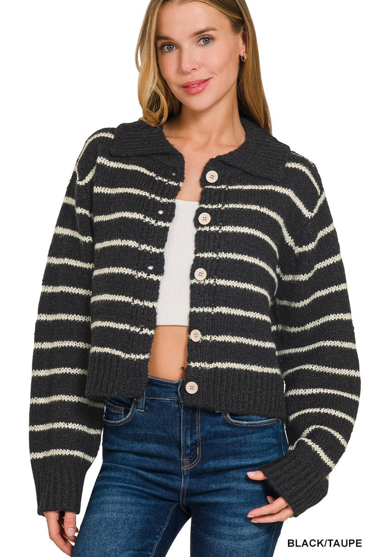Collared Striped Black Cardigan
