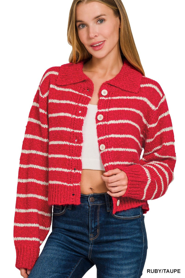 Collared Striped Red Cardigan