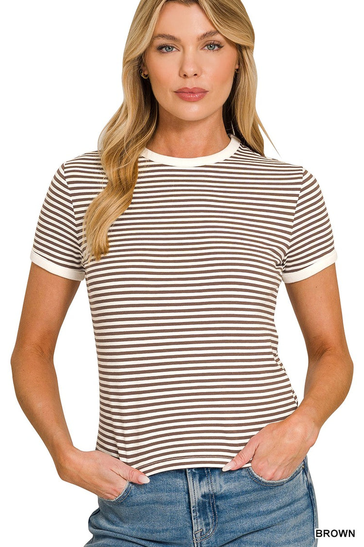 Striped Contrast Trim Rib Banded Tee Brown