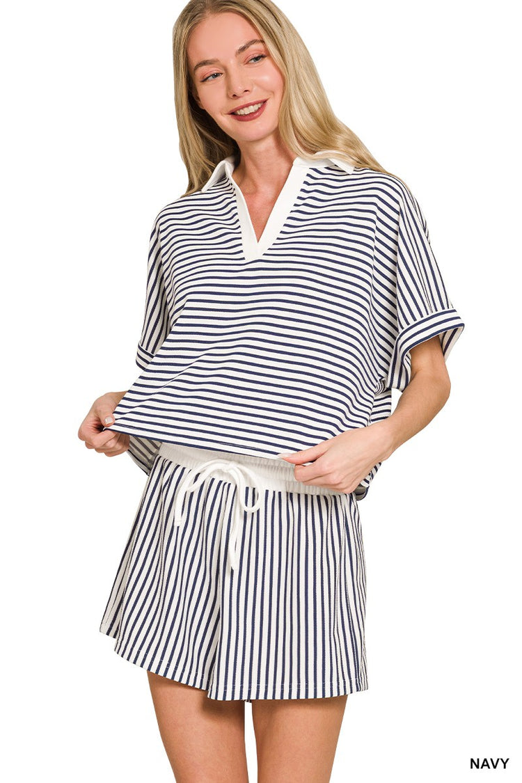Striped Collared Top & Shorts Set Navy
