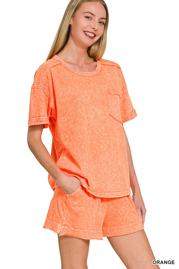 Halo Snow Washed Exposed Seam Top & Shorts Set Orange