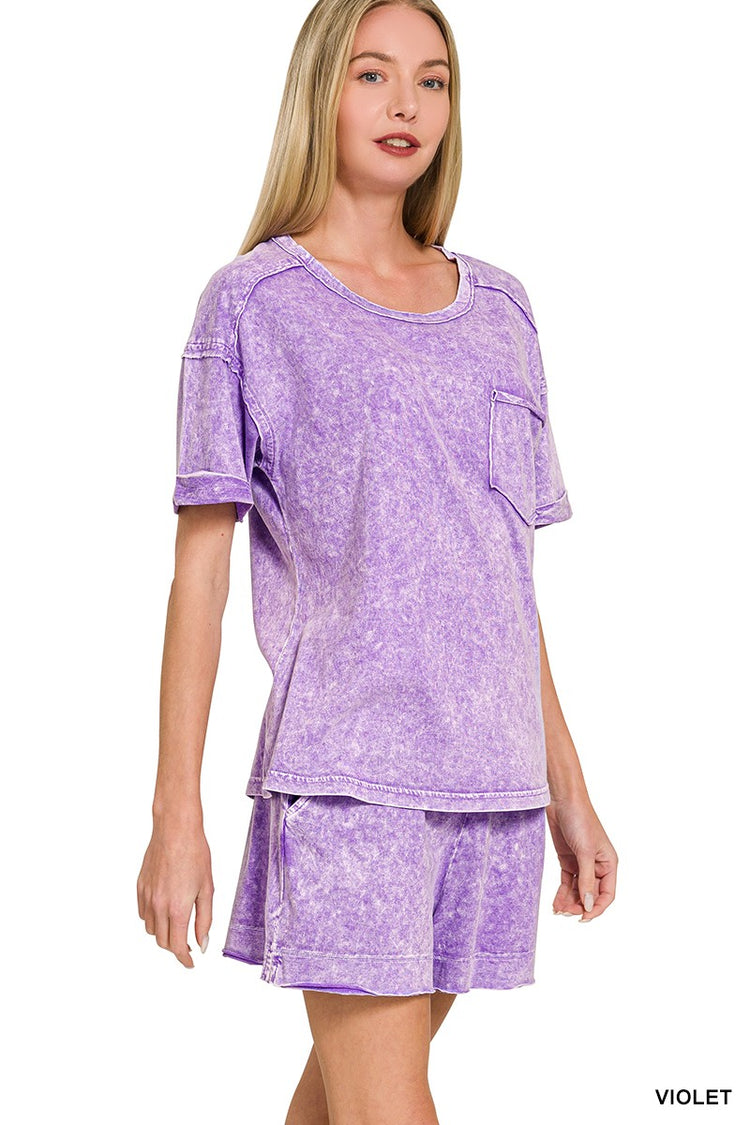Halo Snow Washed Exposed Seam Top & Shorts Set Violet