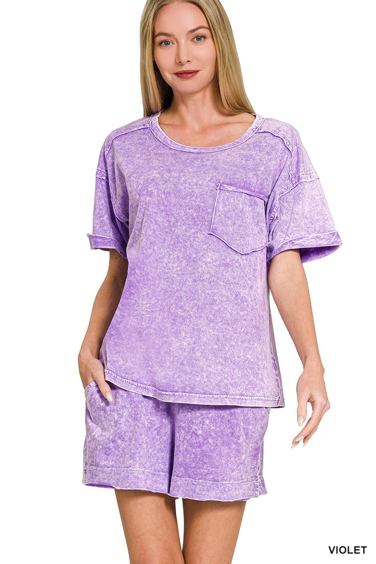 Halo Snow Washed Exposed Seam Top & Shorts Set Violet