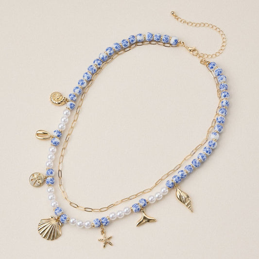 Blue Seaside Charm Layered Bead Necklace