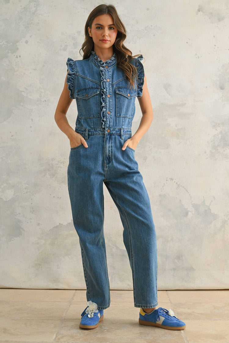 Denim Utility Jumpsuit with Ruffled Detail
