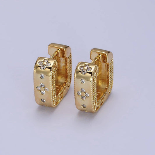 Clear Quatrefoil CZ Square Huggies Earrings ONE LEFT