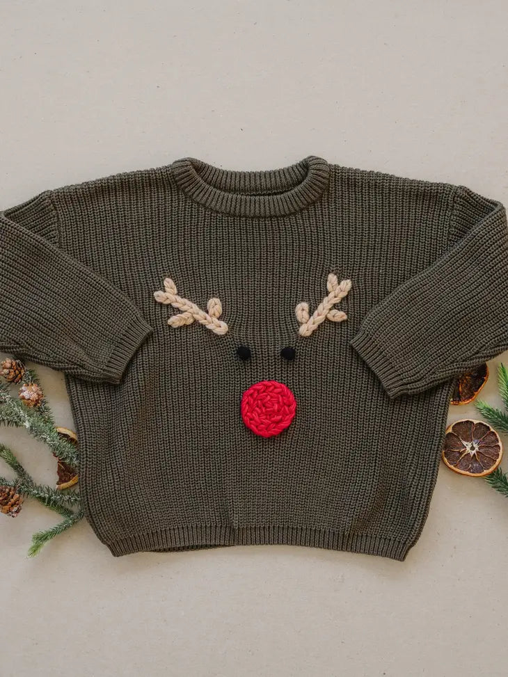 Rudolph Hand Embroidered Chunky Knit Sweater