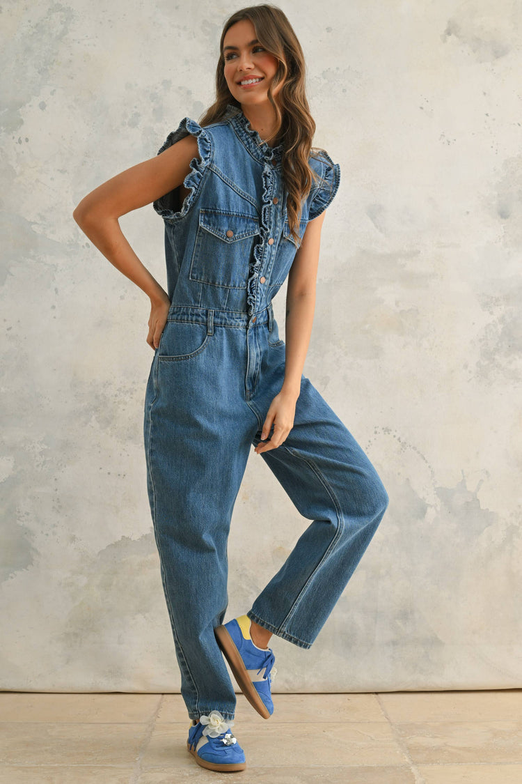 Denim Utility Jumpsuit with Ruffled Detail