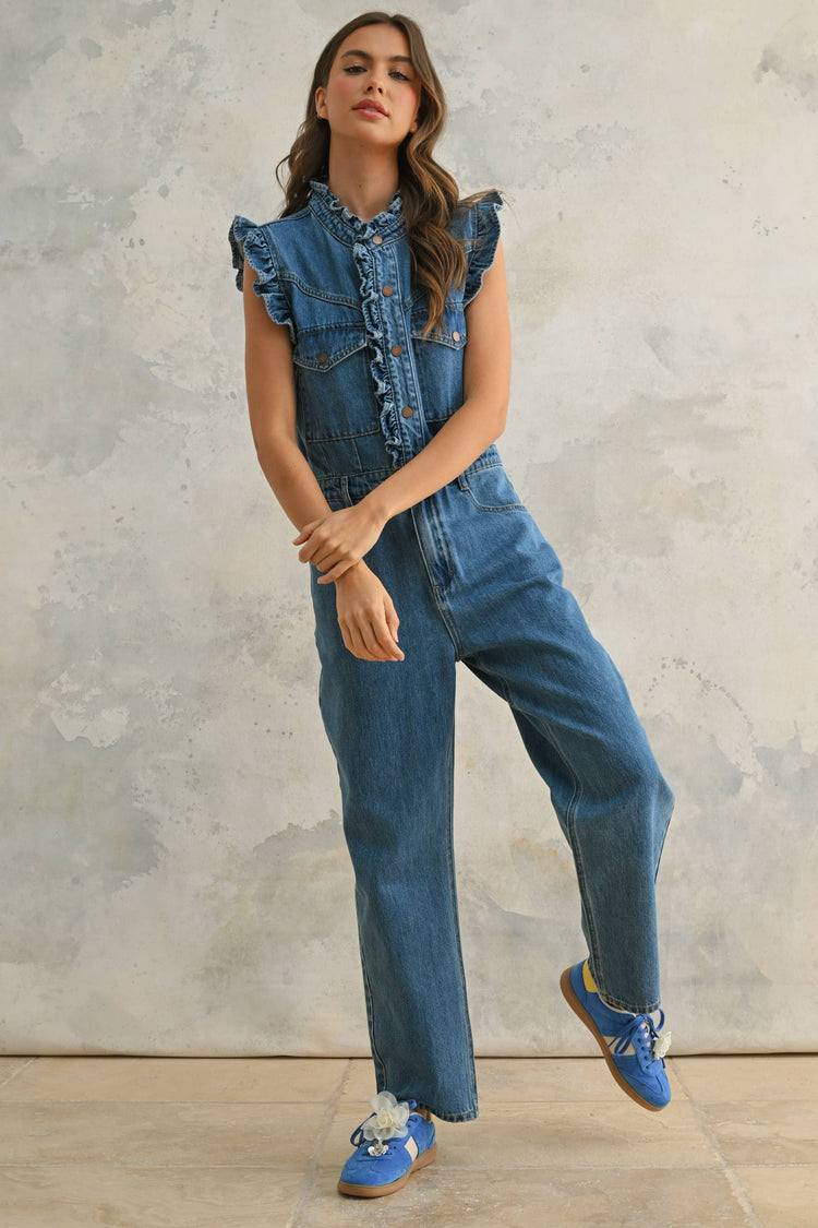 Denim Utility Jumpsuit with Ruffled Detail