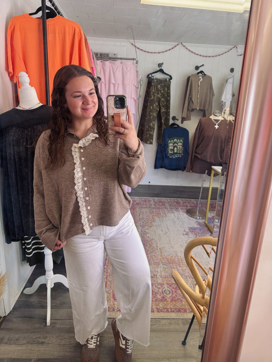 Button Front Lace Trim Knitted Cardigan