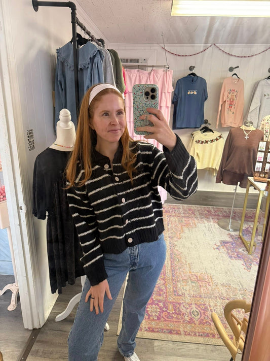 Collared Striped Black Cardigan