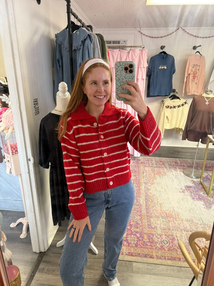 Collared Striped Red Cardigan