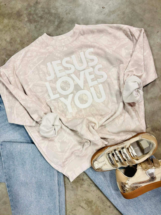 Beige Faded Camo Jesus Loves You Sweatshirt