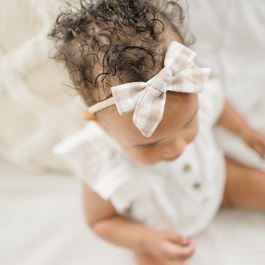 Skinny Neutral Gingham Cotton Hair Bow