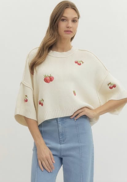 Embroidered Strawberry Sweater