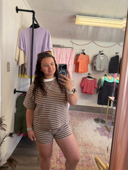 Striped Round Neck Tee & Shorts Set Mocha