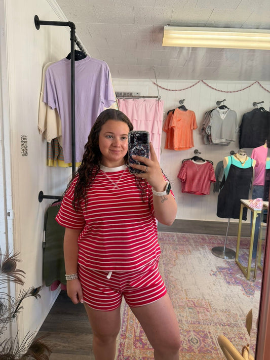 Striped Round Neck Tee & Shorts Set Ruby