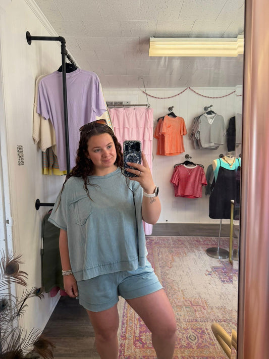 Acid Washed Oversized Top & Shorts Set Blue Grey