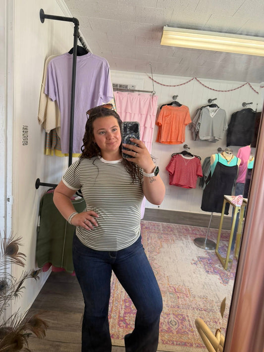 Striped Contrast Trim Rib Banded Tee Light Olive