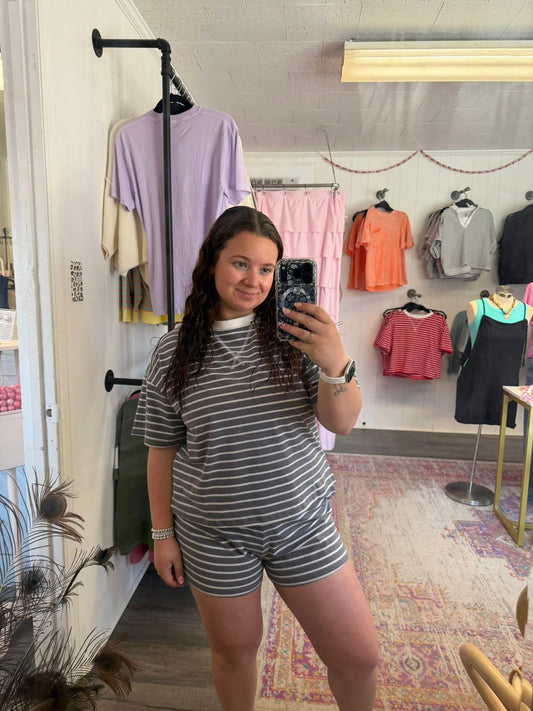Striped Round Neck Tee & Shorts Set Charcoal